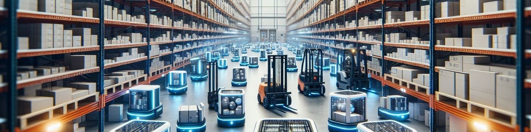 Zu sehen sind viele AGVs in einem Lager, die die Intralogistik darstellen sollen