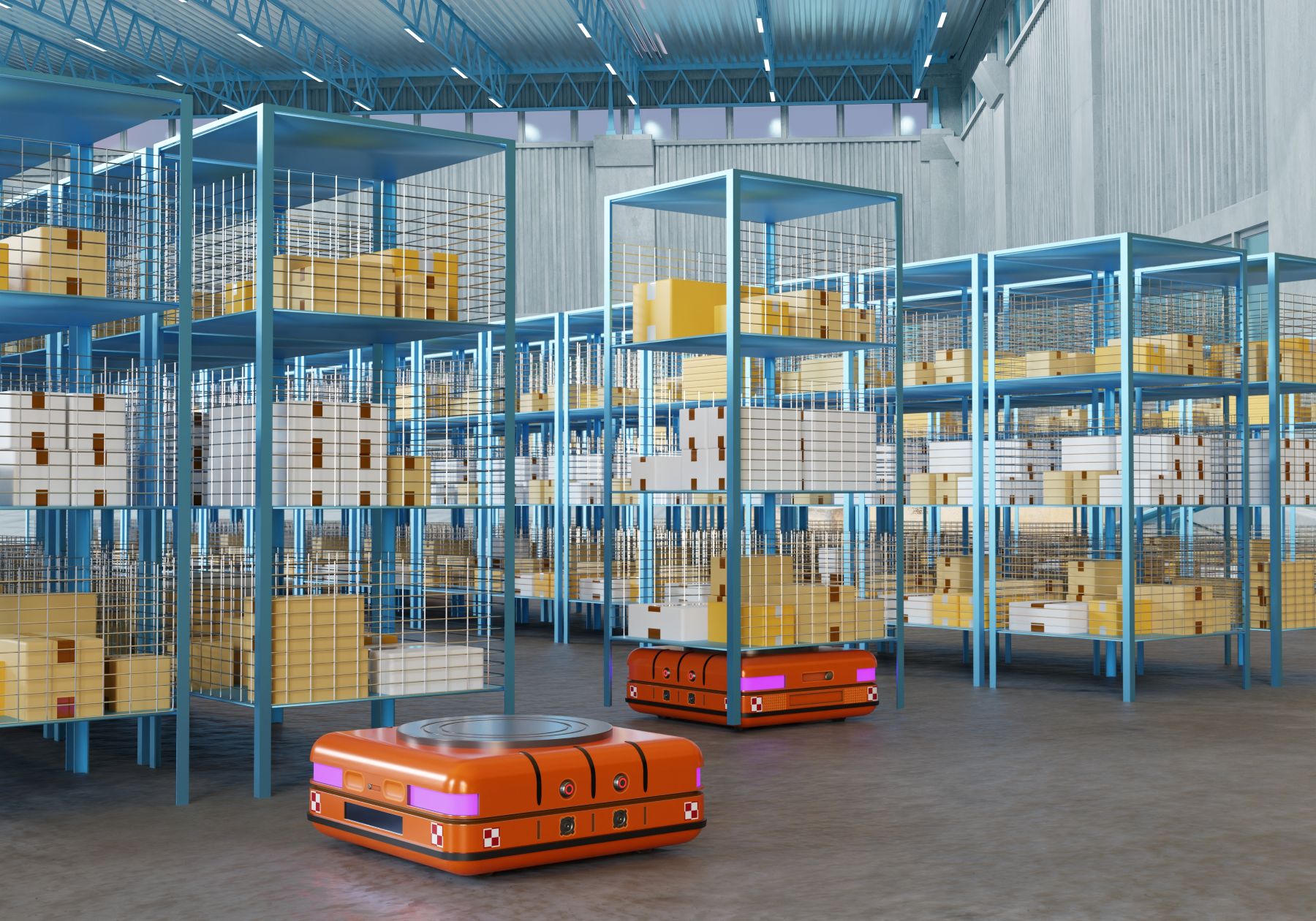 Autonomous mobile robots. Automated fulfilment centre. AMR transports shelves.