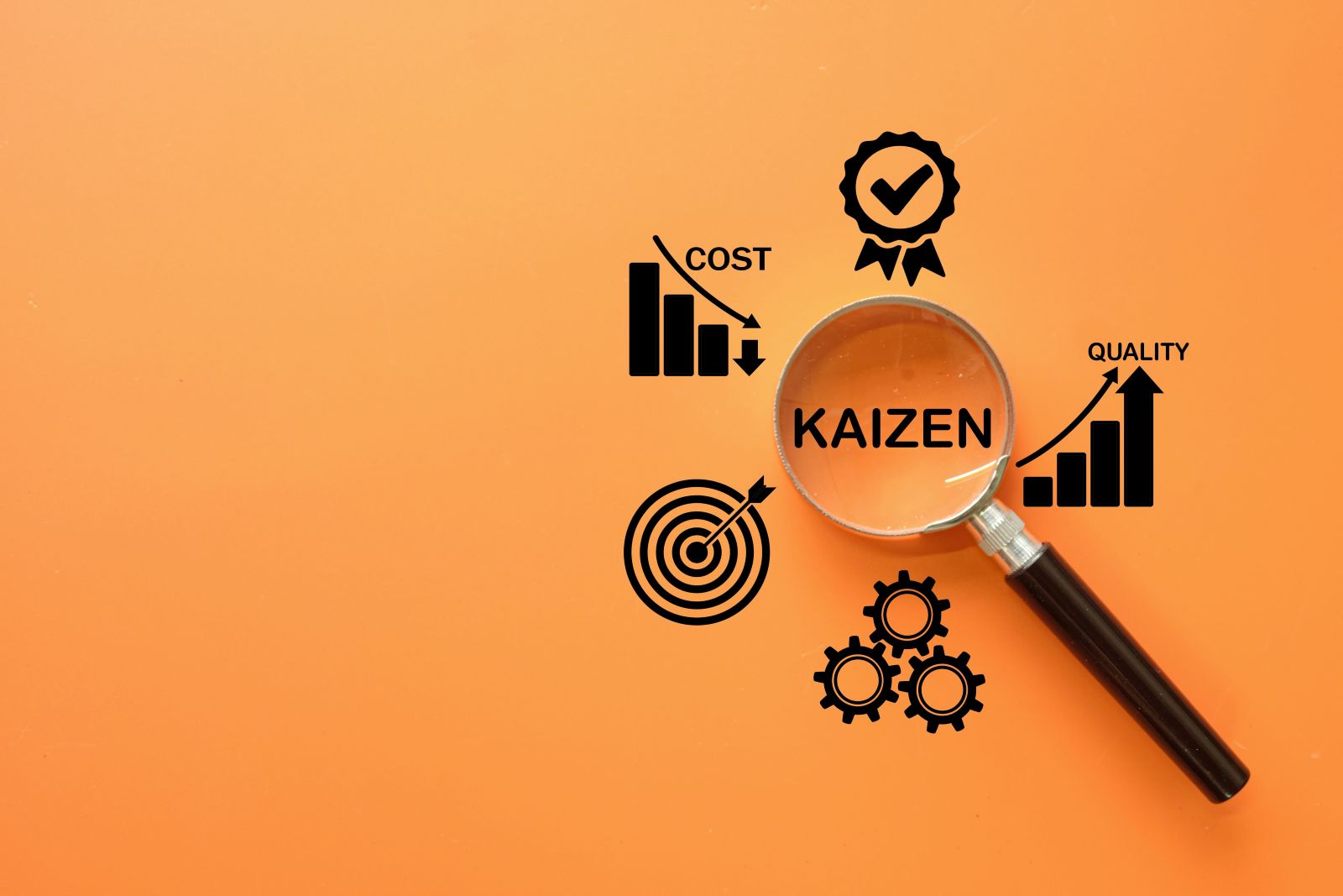 Die Faktoren von Kaizen werden mit einer Lupe dargestellt.